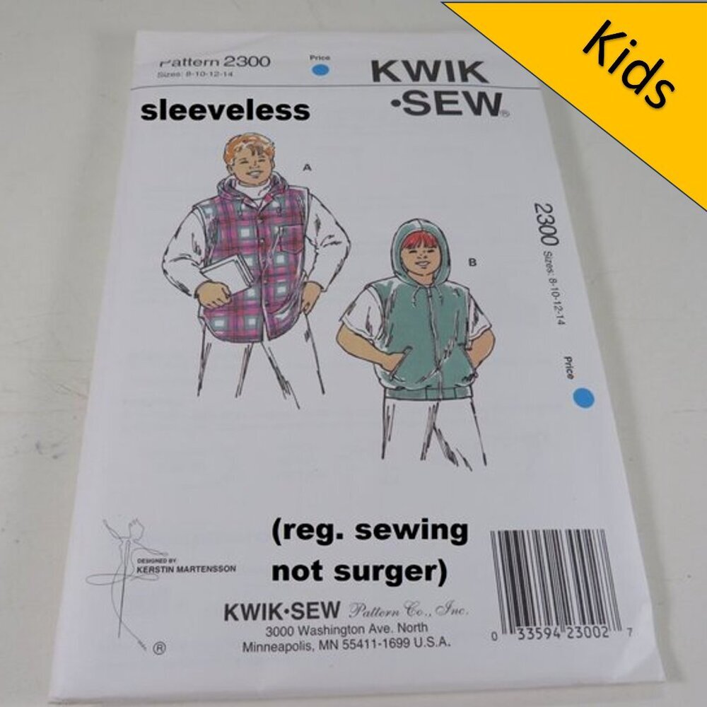 Kwik Sew 2300 Kids Sweatshirt Jacket w Hood NO sleeves UNCUT clothing pattern